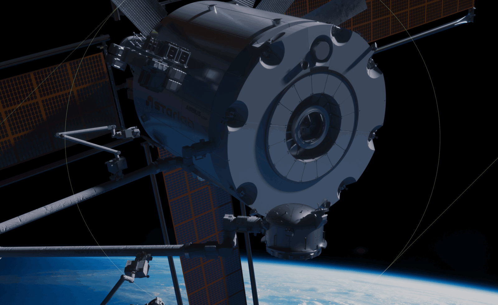 Space station module orbiting Earth with solar panels